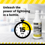 Marketing image of Liquid Lightning bottle with text claiming it works in 15 minutes and a large stopwatch graphic