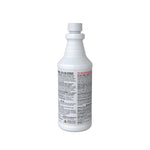 Back view of a Liquid Lightning drain opener bottle showing dense precautionary text and small hazard icons on the label