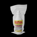 Liquid Lightning bottle sealed inside a clear plastic bag with a red CAUTION label across the front on a black background