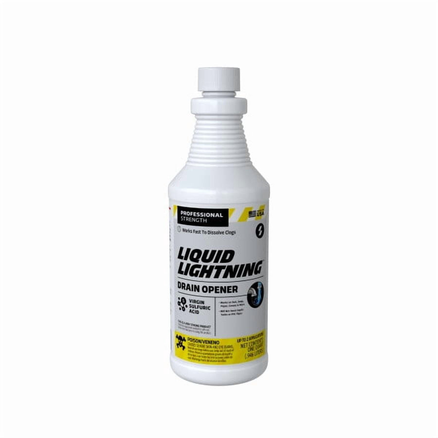 White Liquid Lightning drain opener bottle with front label showing brand name and warning panel on white background