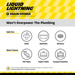 Yellow-and-black Liquid Lightning branded infographic showing safe-use icons for sinks, bathtubs, showers and compatible systems