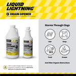 Promotional graphic with Liquid Lightning branding, two bottle sizes pictured and icons for hair, soap, food and grease clogs