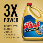 Close-up of Liquid-Plumr gold bottle label beside large text reading ‘3X POWER’ and checklist of clog types it destroys
