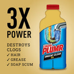 Promotional graphic showing a Liquid-Plumr Urgent Clear bottle with large text “3X POWER” and bulleted benefits on a gold background