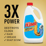 Liquid-Plumr bottle on a gold background with large text reading '3X POWER' and product benefits listed