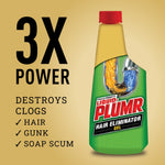 Promotional graphic of Liquid-Plumr bottle with text stating 3X power and checklist of hair, gunk, and soap scum