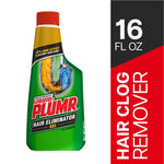 Front product and vertical label panel showing Liquid-Plumr Hair Eliminator gel bottle and bold 16 fl oz badge