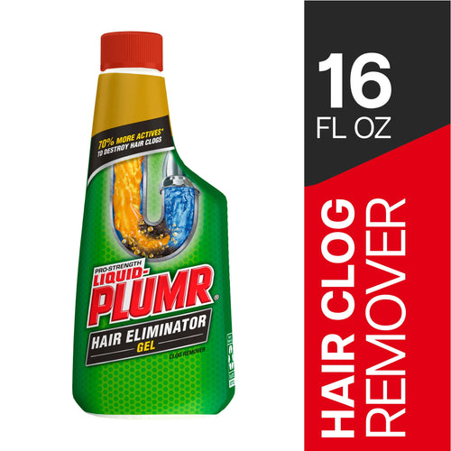 Front product and vertical label panel showing Liquid-Plumr Hair Eliminator gel bottle and bold 16 fl oz badge