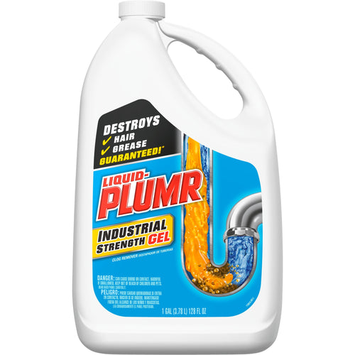 White jug of Liquid-Plumr Industrial Strength Gel showing brand label and drain graphic