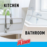 Split lifestyle graphic showing a kitchen sink and a bathroom tub with the words 'KITCHEN' and 'BATHROOM' and Liquid-Plumr logo