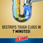 Illustrated U-shaped pipe filled with colored gel and debris above bold text claiming it destroys tough clogs in 7 minutes, Liquid‑Plumr logo