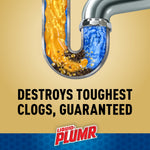 Illustrated U-shaped pipe showing orange gel dissolving clog and blue water flow with text ‘Destroys toughest clogs, guaranteed’