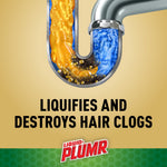 Illustrated U-bend pipe with colored liquids and text reading liquifies and destroys hair clogs, Liquid-Plumr logo