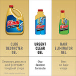 Three-panel comparison chart showing different Liquid‑Plumr product silhouettes with headings: clog destroyer gel, urgent clear gel, hair eliminator gel