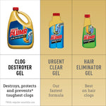 Comparison chart showing three Liquid-Plumr product silhouettes and columns titled ‘Clog Destroyer Gel’, ‘Urgent Clear Gel’, and ‘Hair Eliminator Gel’