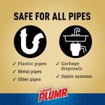 Graphic panel stating ‘Safe for all pipes’ with icons and checklist for plastic, metal, older pipes, disposals and septic systems