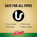 Graphic panel stating safe for all pipes with pipe icon and list including plastic, metal, older pipes and septic systems