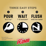 Instructional infographic with three steps: pour, wait, flush, each accompanied by an icon and Liquid-Plumr logo