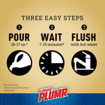 Instructional infographic titled ‘Three Easy Steps’ with icons and steps: pour, wait, flush, plus the Liquid‑Plumr logo