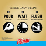 Instructional graphic titled 'Three Easy Steps' with icons and steps: pour, wait, flush, plus Liquid-Plumr logo