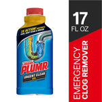 Bottle of Liquid-Plumr Urgent Clear gel shown beside a vertical panel reading “17 fl oz” and emergency clog remover graphics