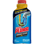 Close-up product shot of Liquid-Plumr Urgent Clear gel bottle with red cap and blue labeled front showing pipe graphic