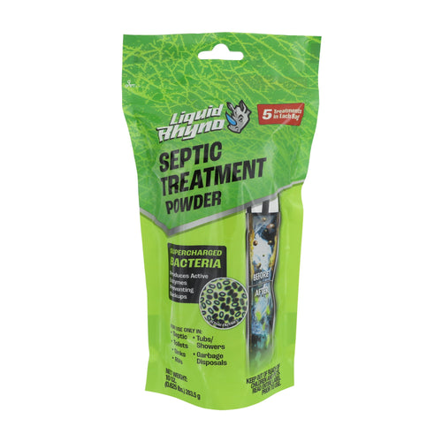 Green Liquid Rhyno pouch labeled “Septic Treatment Powder” with product graphics and badge stating 5 treatments