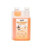 Single translucent bottle of Liquified RV Toilet Treatment showing orange liquid and a label stating RV Toilet Treatment and enzyme formula
