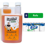 Bottle of Liquified RV Toilet Treatment with orange liquid next to a Scott Rapid Dissolving 8-roll pack and an '8 Rolls' badge