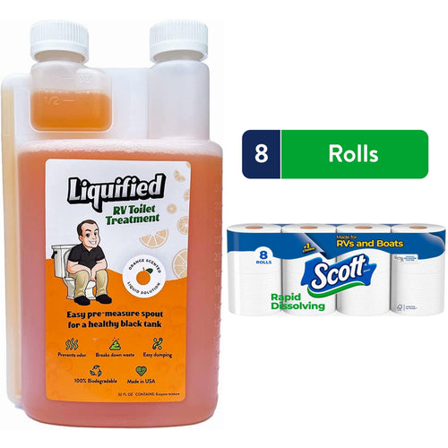Bottle of Liquified RV Toilet Treatment with orange liquid next to a Scott Rapid Dissolving 8-roll pack and an '8 Rolls' badge