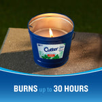 Lit Cutter blue outdoor candle bucket on a concrete surface with text 'burns up to 30 hours'