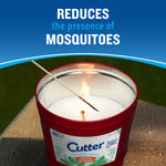 Lit Cutter red outdoor candle on a surface with flame and promotional 'reduces mosquitoes' text