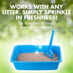 Blue litter box with scoop and sparkling litter under headline 'works with any litter. simply sprinkle in freshness!'