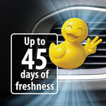 Yellow duck-shaped vent air freshener shown clipped to car vent with overlay text 'Up to 45 days of freshness'