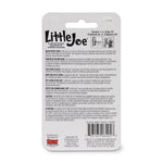 Back of Little Joe product backing card with printed usage instructions, warnings and barcode