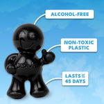 Graphic of black Little Joe air freshener with callouts reading alcohol-free, non-toxic plastic, lasts up to 45 days