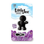 Little Joe black velvet car air freshener displayed on blue sky backing card with purple flowers