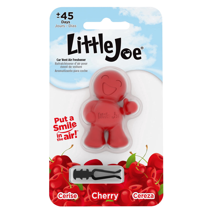 Single Little Joe red smiling figure car vent clip in retail blister card with cherry graphics