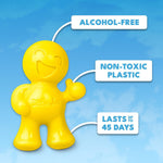 Yellow Little Joe air freshener with callouts stating 'Alcohol-Free', 'Non-Toxic Plastic', and 'Lasts up to 45 days'