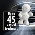 Little Joe white figure clipped to a car vent with text overlay advertising up to 45 days of freshness