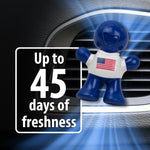 Close-up of blue Little Joe vent air freshener with US flag attached to a car vent and graphic text 'Up to 45 days of freshness'.