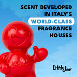 Close crop of red Little Joe figure with text stating scent developed in Italy's world-class fragrance houses