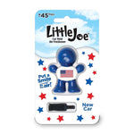 Packaged Little Joe blue vent air freshener shaped like a smiling figure with a US flag on its chest on white backing card.