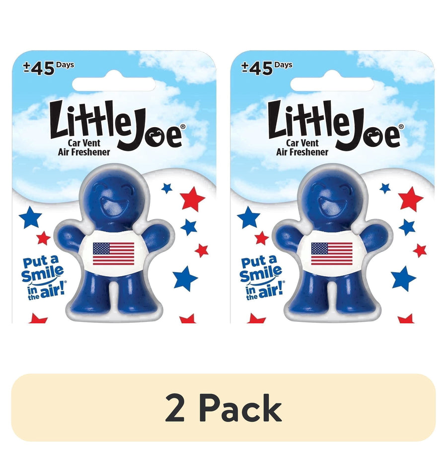 Two Little Joe USA-themed blue vent-clip air fresheners on patriotic star-patterned blister cards labeled ‘Put a Smile in the air!’