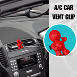 Red Little Joe vent clip shown mounted on a car dashboard vent with inset close-up