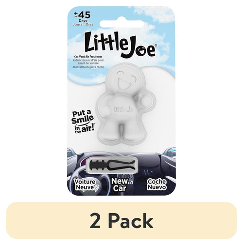 Little Joe white smiling figure car vent air freshener in retail blister pack with sky background