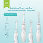 Row of Little Martin's electric toothbrushes in blue and pink accents with icons for LED light and smart timer