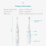 Product information infographic with dimensions, materials and labeled parts for a Little Martin's electric toothbrush