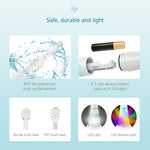 Feature panel showing waterproof, battery compartment, brush head types and LED light illustrations for the toothbrush