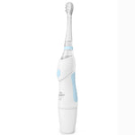 Standing Little Martin's electric toothbrush with blue grip and slim brush head on plain white background